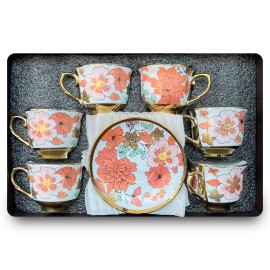 Juego de Te Diseño Floral con Detalles en Dorado